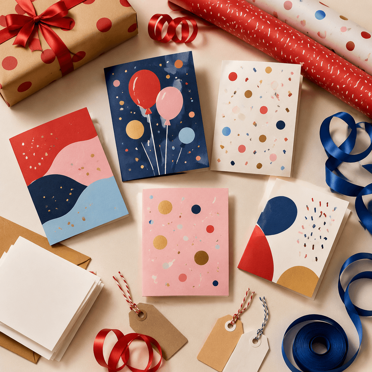 Birthday Wrap Desk — Confetti cards, festive wrap, curled ribbon