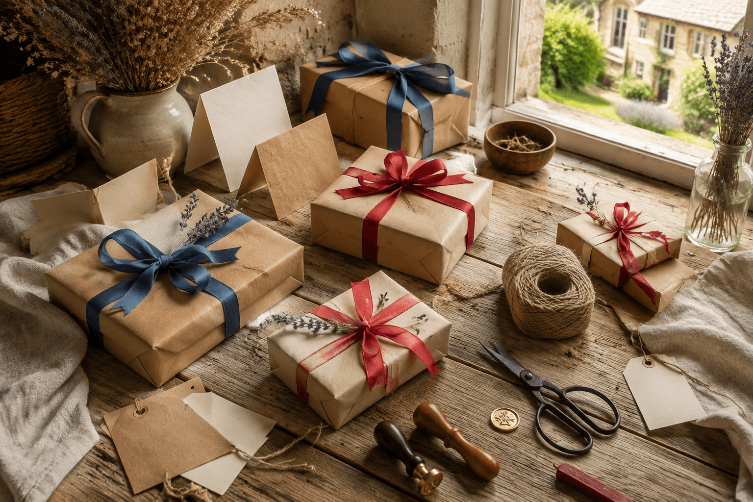 Dorset Gift Table — Cottage flat-lay, kraft parcels, lavender