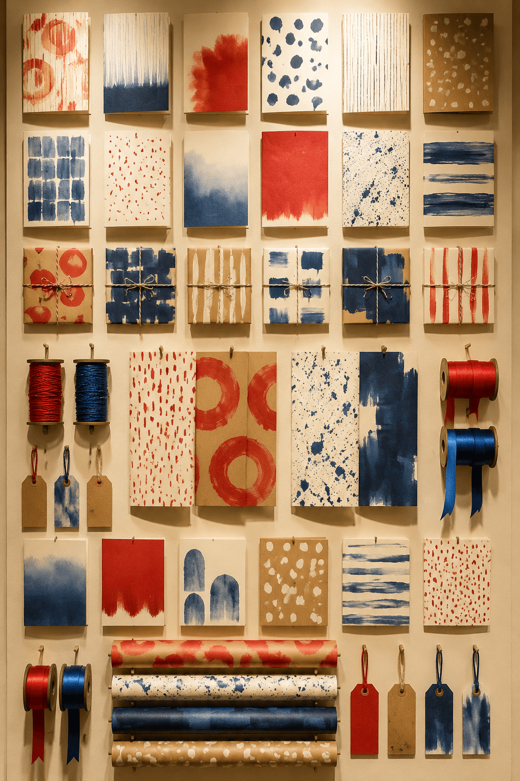 A vertical wall of greeting card faces and gift-wrap swatches with red and blue ribbon spools and paper tags.